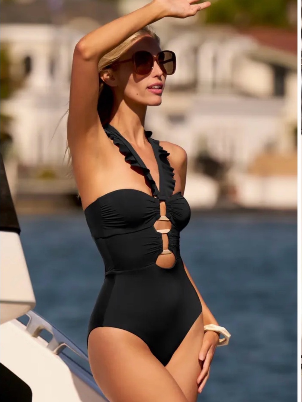 NEW Soluna swim Black Ruffle Halter One-Piece Swimsuit